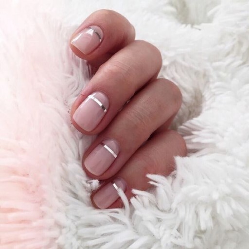 Pink nails examples, the trendiest pink nail colors to use: Nude Pink With Silver Stripes