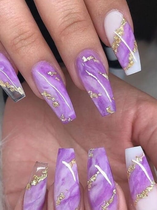 Trending beautiful purple nails for inspiration - Gold & Purple Marble
