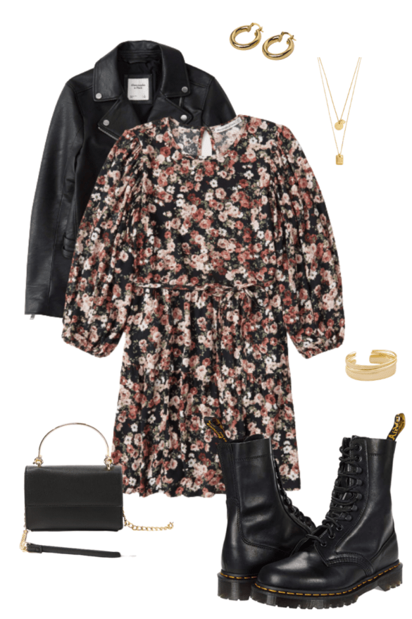 Leather Jacket & Patterned Dress Outfit Combinations