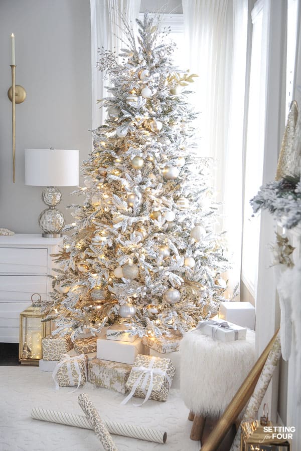 gold-white-flocked-christmas-tree-elgant-modern