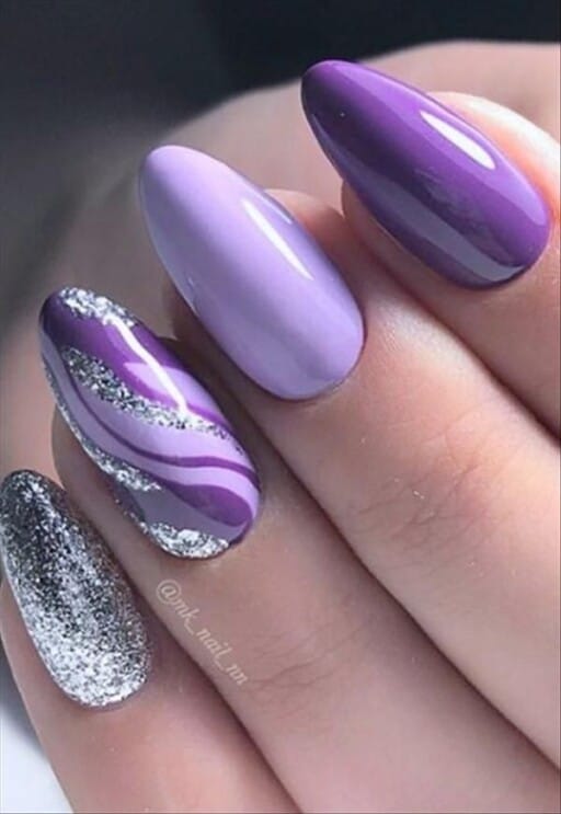 Trending beautiful purple nails for inspiration - Silver & Purple Swirl