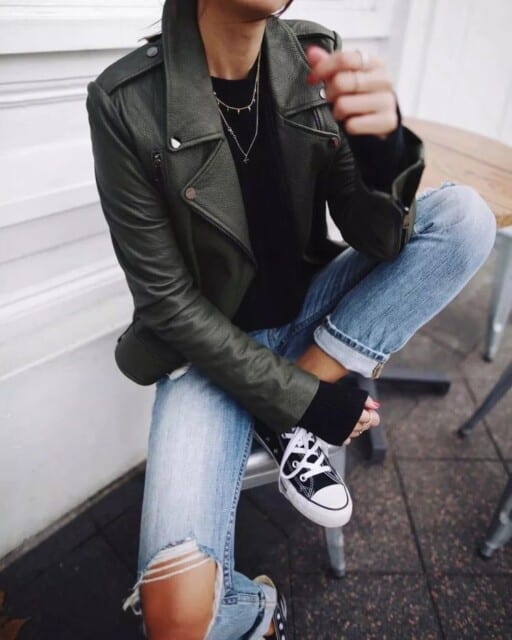 Grunge outfit inspiration for every season, grunge outfit aesthetic: Leather Jacket & Jeans