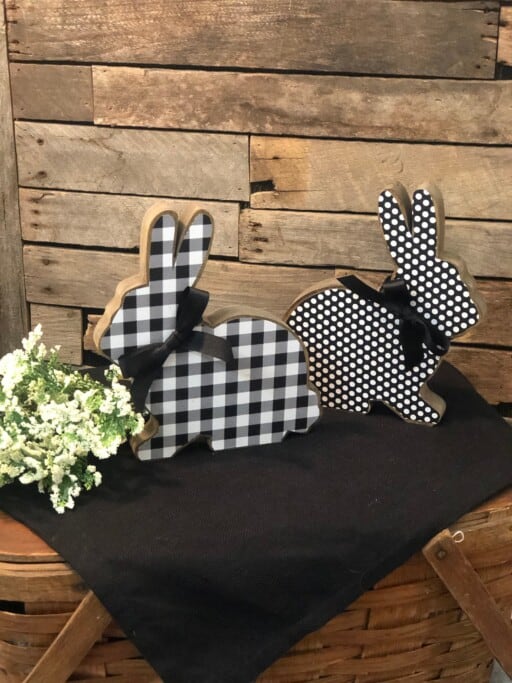 Small Spring Bunny: Cute buffalo check sitting bunny decor. Perfect for shelves, tables, or tiered trays!