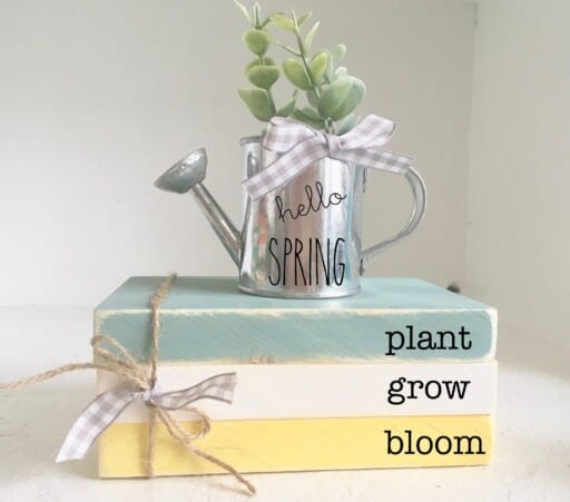 Creative Spring Decor: Tiered tray with rustic wooden books, watering can & Easter accents.