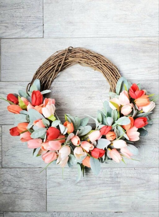 Unique Spring Decor: "Aurora" wreath with lambs ear & real-touch tulips.