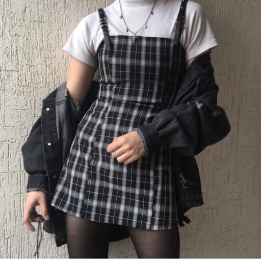 Grunge outfit inspiration for every season, grunge outfit aesthetic: Flannel Dress With T Shirt