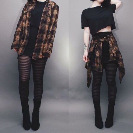 Grunge outfit inspiration for every season, grunge outfit aesthetic: Flannel & Tights