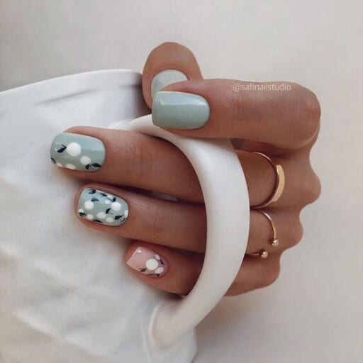 delicate and abstract flower nail art designs: Pale Blue & Pink With Abstract Flowers