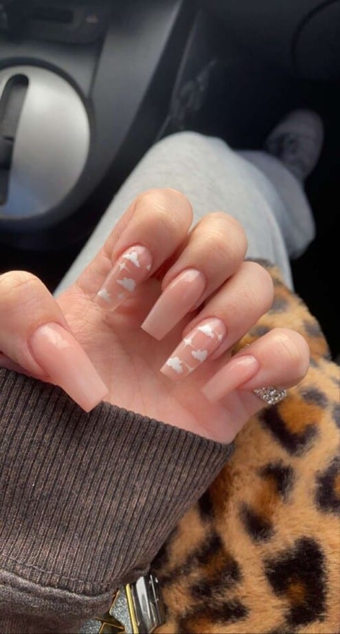 Beautiful cloud nail art and designs for a dreamy manicure: Coffin Nude Nails With Cloud Accents