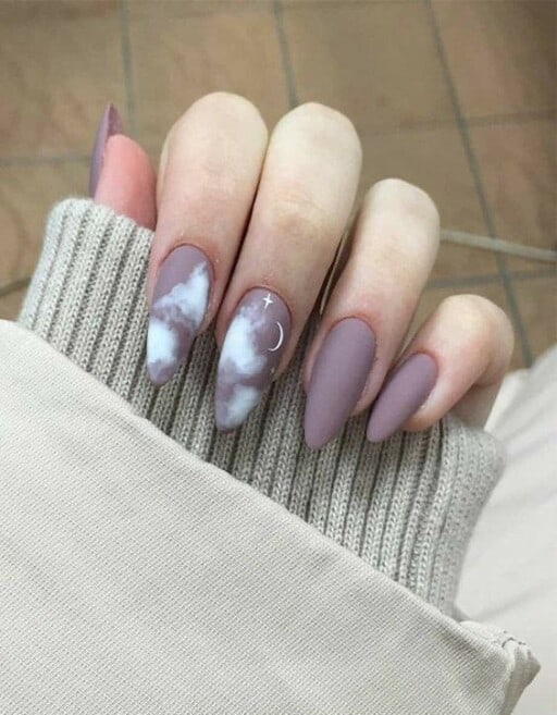 Beautiful cloud nail art and designs for a dreamy manicure: Deep Mauve With Cloud Accents