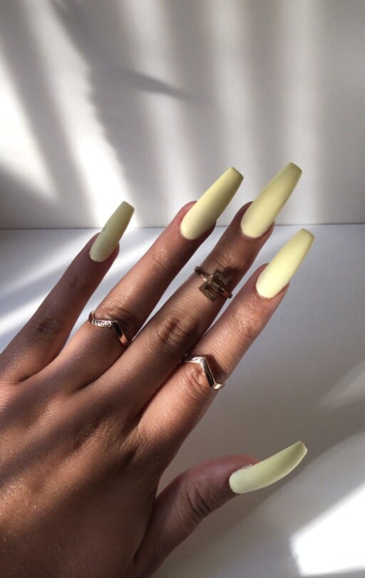 Trendy yellow nail designs for a sunny manicure: Soft Coffin Yellow