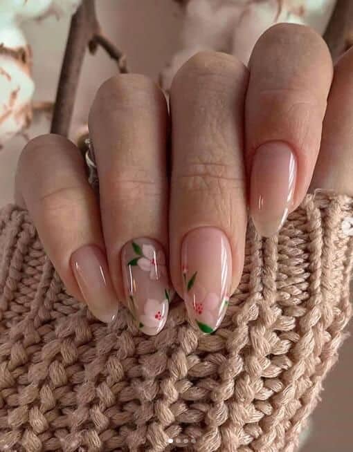 delicate and abstract flower nail art designs: Soft Pink Tropical Floral Accents