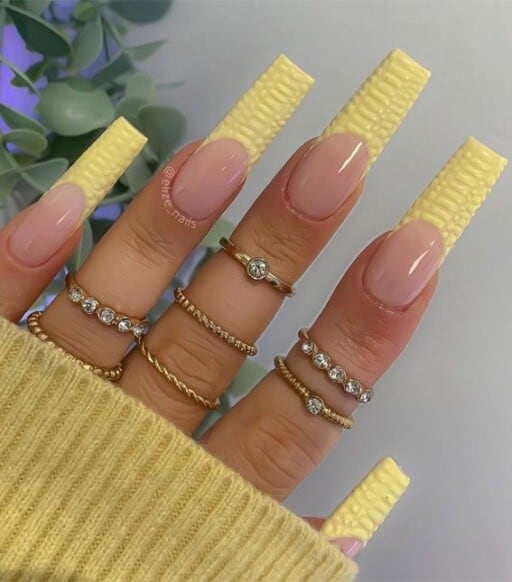 Trendy yellow nail designs for a sunny manicure: Textured Yellow Tips