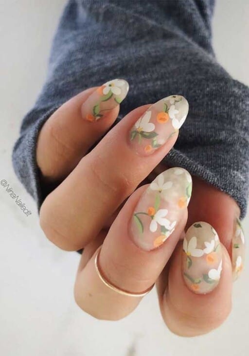 delicate and abstract flower nail art designs: White & Orange Flowers