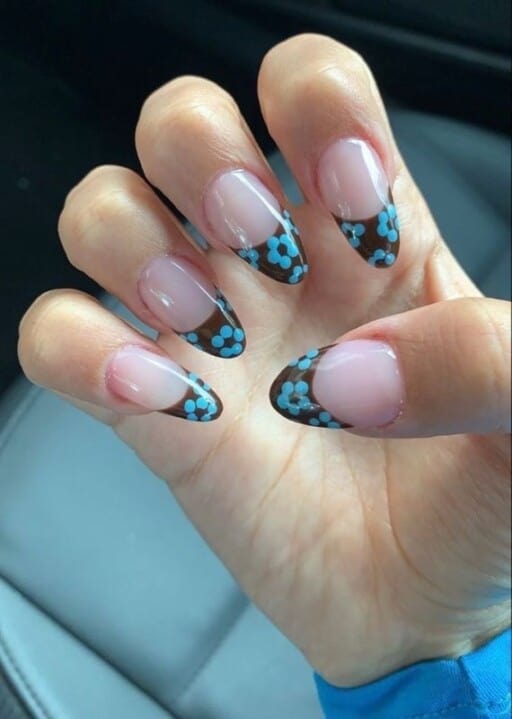 delicate and abstract flower nail art designs: Brown & Blue Floral Tips