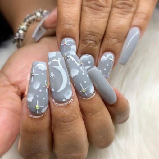Beautiful cloud nail art and designs for a dreamy manicure: Grey Coffin Cloud Nails