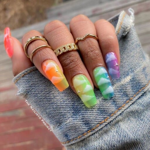 Beautiful cloud nail art and designs for a dreamy manicure: Rainbow Cloud Coffin Nails