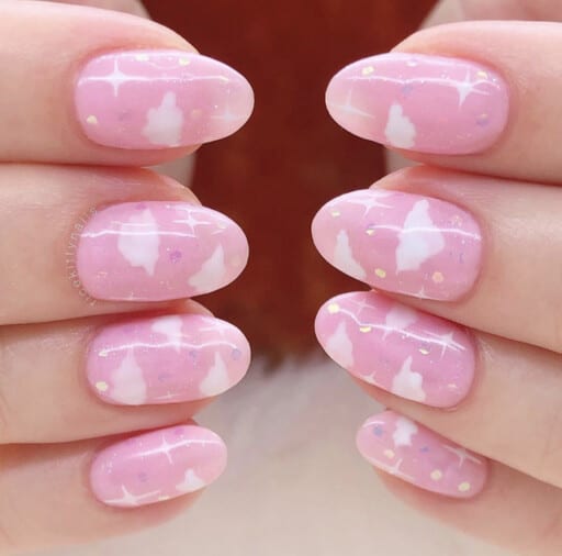 Beautiful cloud nail art and designs for a dreamy manicure: Barbie Pink Cloud & Star Nails