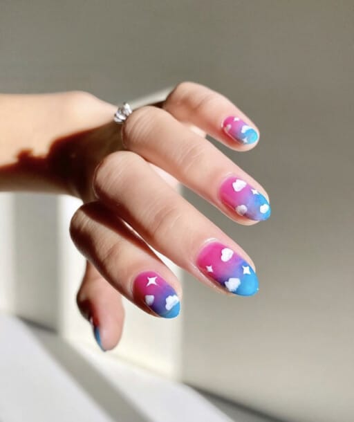 Beautiful cloud nail art and designs for a dreamy manicure: Blue & Pink Cloud Nails