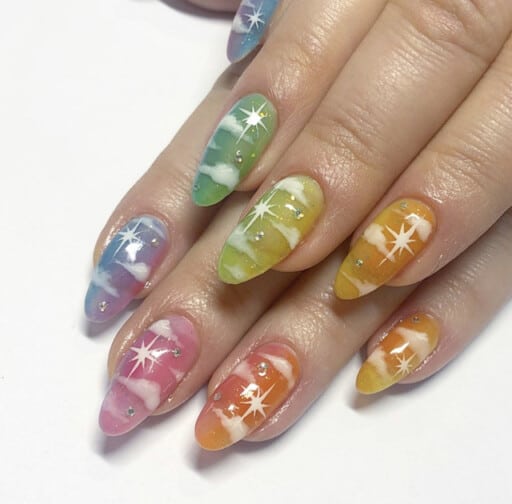 Beautiful cloud nail art and designs for a dreamy manicure: Multi-Colored Cloud & Star Nails