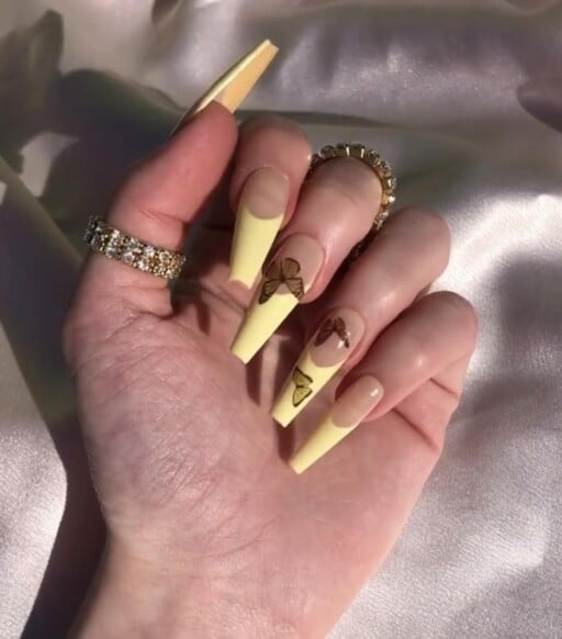 Trendy yellow nail designs for a sunny manicure: Butterflies With Yellow Tips