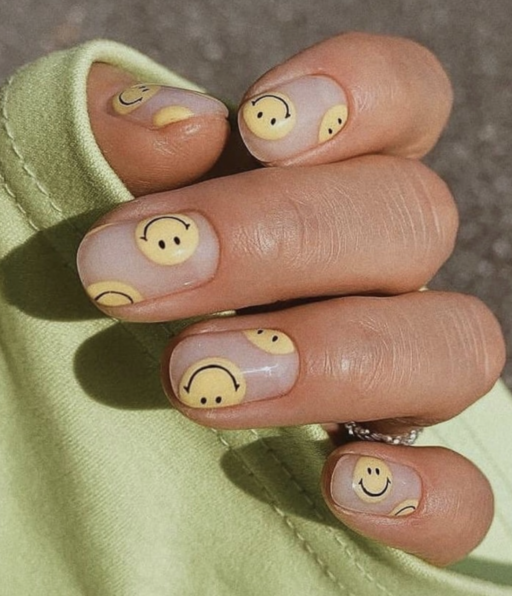 Short nail design ideas for a trendy manicure: Yellow Smiley Faces