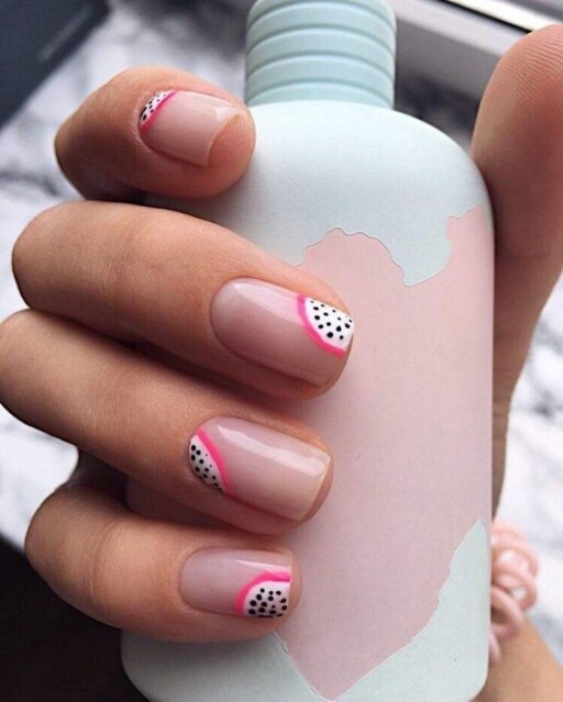 Short nail design ideas for a trendy manicure: White & Pink Fruit Accents