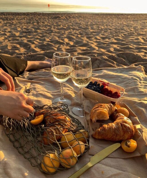 Picnic aesthetic photoshoot ideas for couples: Wine On The Beach