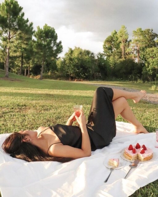 Picnic aesthetic photoshoot ideas: Grassy Slip Dress Shot