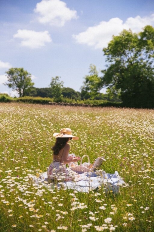 Picnic aesthetic photoshoot ideas: Straw Hat Shot In Fields