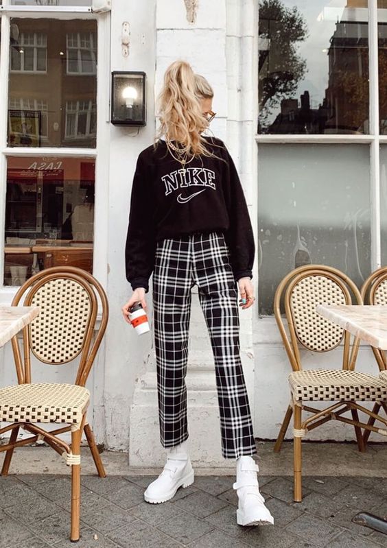 Plaid pants outfit shop women