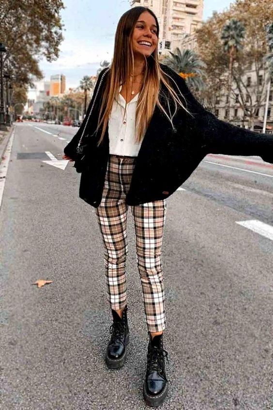 plaid pants outfit ideas  what to wear with plaid pants over 40