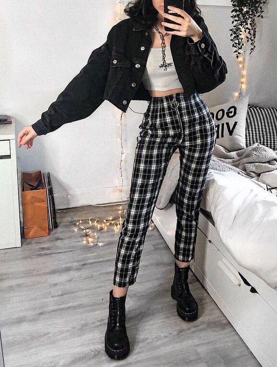 Black plaid shop pants outfit