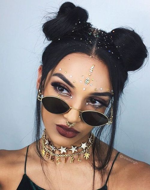 Festival makeup and festival looks, including festival glitter makeup, Coachella makeup, and more