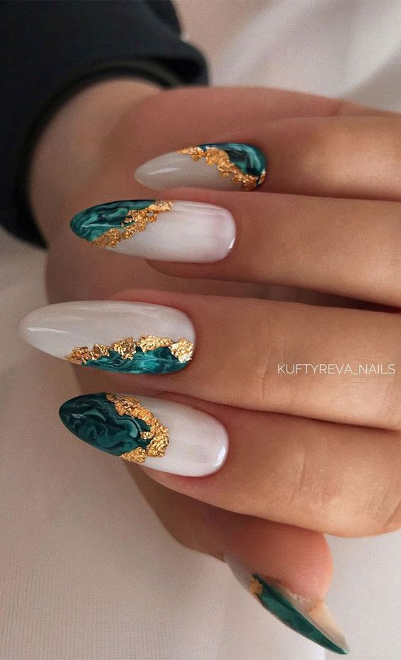 teal and gold nails