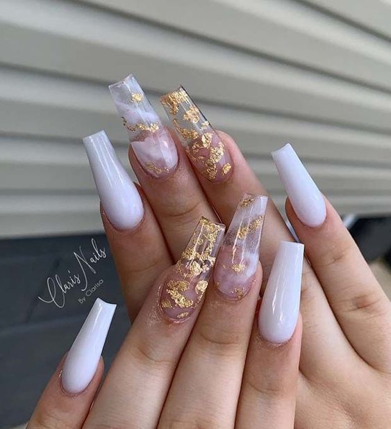 Tanya Inspires on X: White nails with gold flakes   #nailart #naildesign #nailflakes #nails #whitenails #manicure   / X