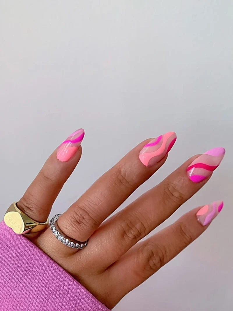 Stylish Belles — Short hot pink nails with accent floral nail art...