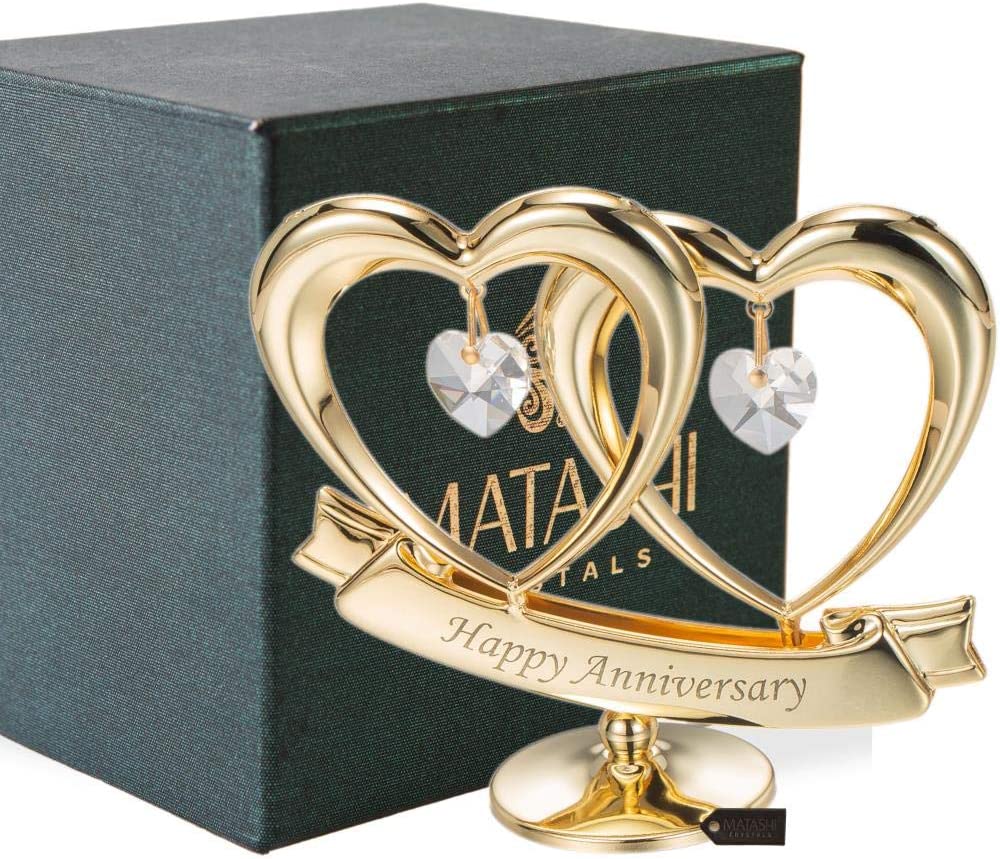 24K Gold Plated Happy Anniversary Double Heart Table Top Ornament