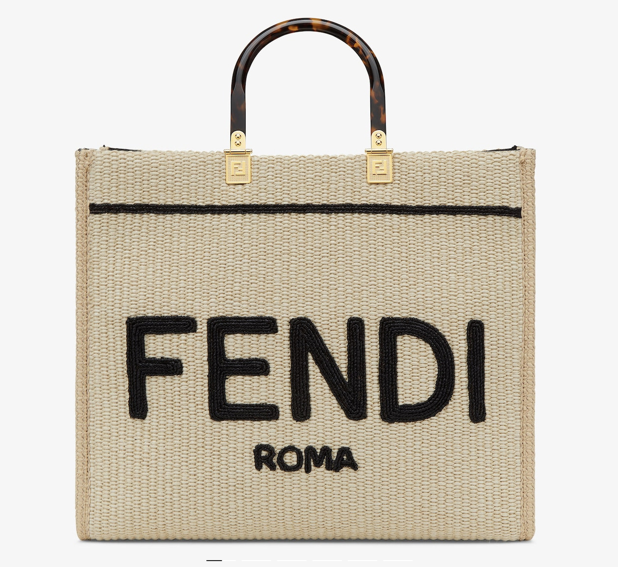 Fendi Sunshine Leather-Trimmed Embroidered Raffia Tote