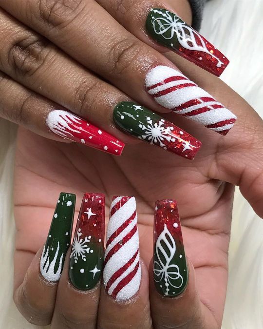 Bradford Nails - Christmas red nails glitter gems design in coffin shape # christmasnails #coffinnails #rednails #naildesigns #glitternails | Facebook