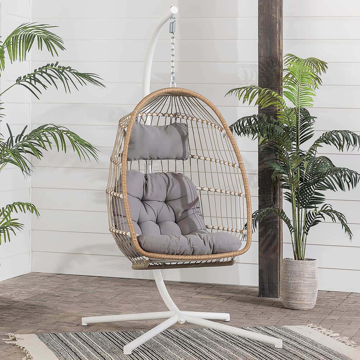 Walker Edison Carmel Modern Rattan Hanging Egg Swing Chair with Stand