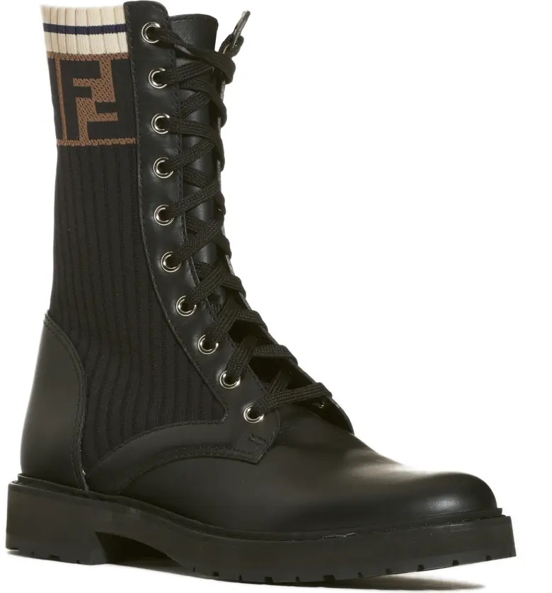 Fendi Rockoko Leather & Knit Combat Boots