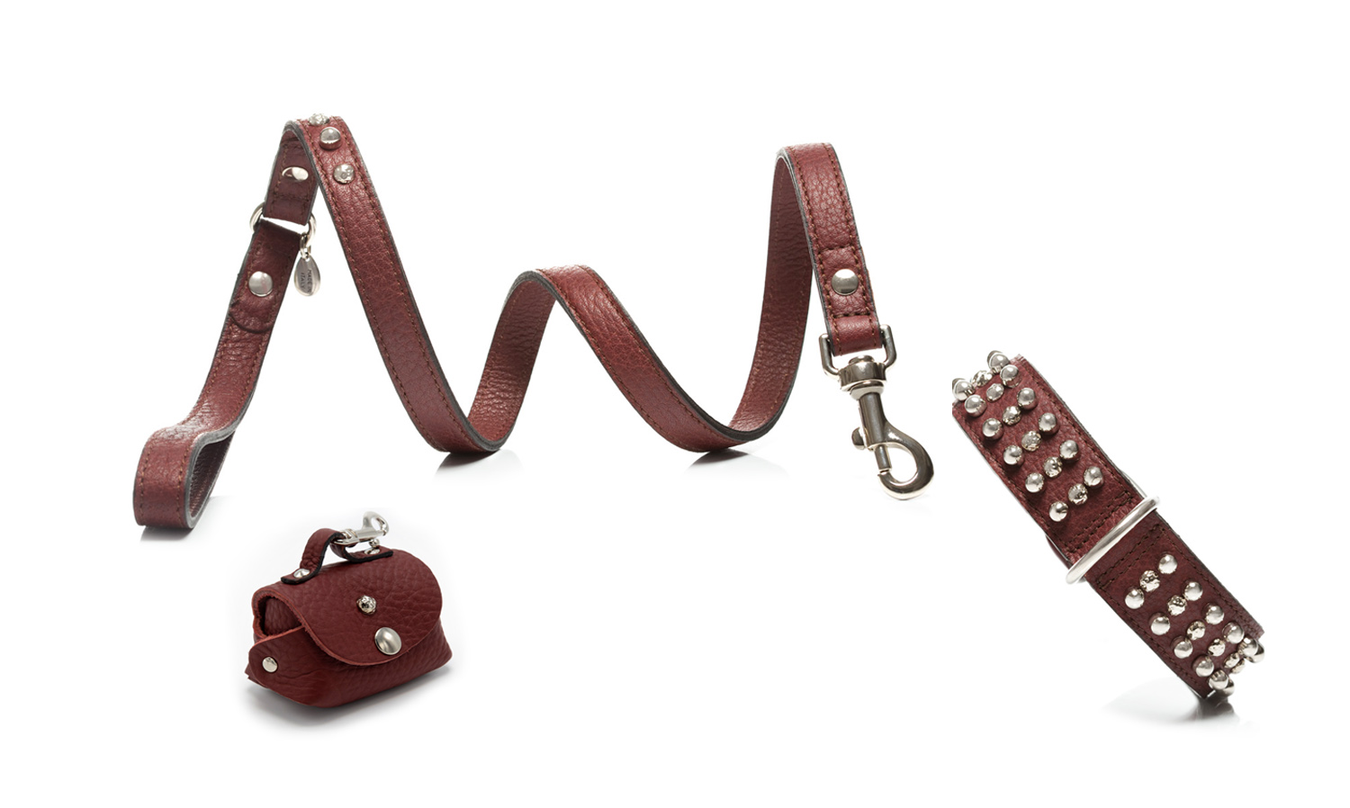 Chic designer dog collars to shop for your pup: PUPPY PANACHE Bordeaux Leather Collar and Leash Set with Studs