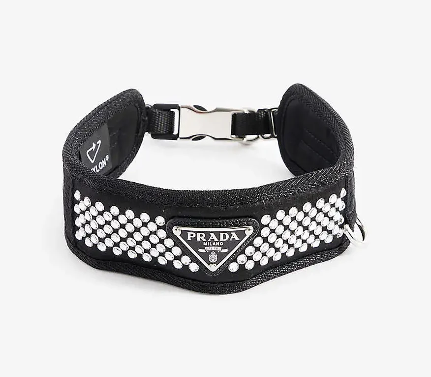 Chic designer dog collars to shop for your pup: PRADA Brand-Patch Crystal-Embellished Satin Pet Collar