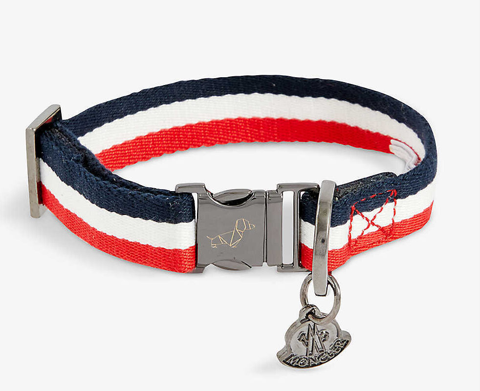 Chic designer dog collars to shop for your pup: Moncler x Poldo Dog Couture Striped Woven Pet Collar