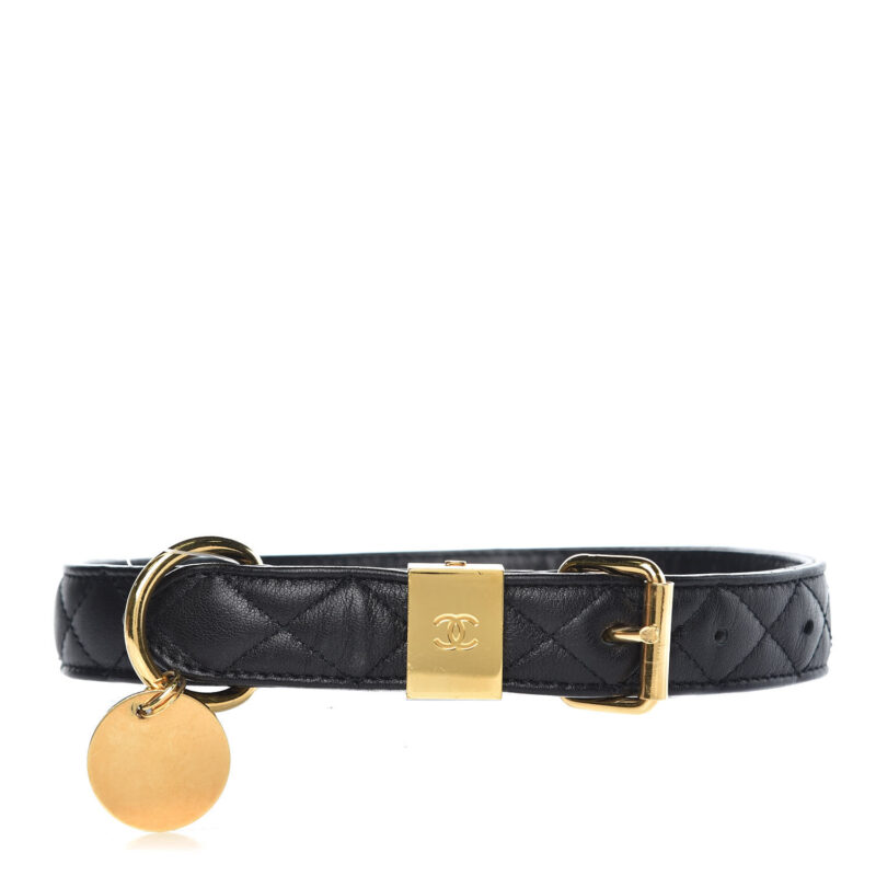 Chic designer dog collars to shop for your pup: CHANEL Calfskin Quilted Dog Collar Black