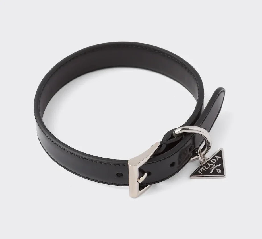 Chic designer dog collars to shop for your pup: PRADA Brushed Leather Pet Collar