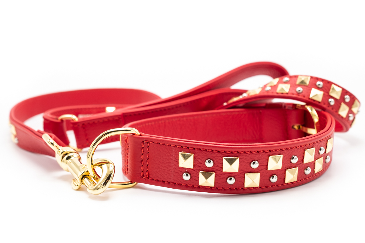 Chic designer dog collars to shop for your pup: PUPPY PANACHE Red Leather Dog Collar and Leash Set 